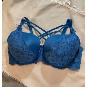 Cacique Teal Blue Lace Strappy Boost Balconette Bra 44DDD Plus Size Lingerie